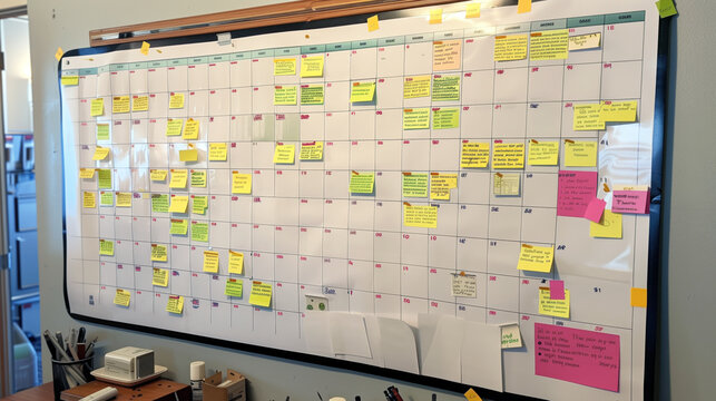 A large, color-coded wall calendar with important dates and notes, representing efficient time management and goal-oriented planning.