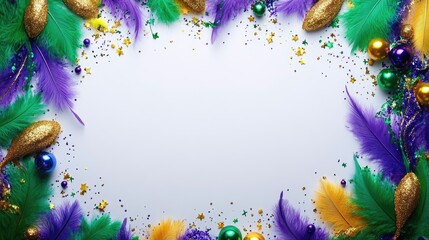 Colorful mardi gras border with feathers and beads on a white background. Mardi Gras, Fat Tuesday, Carnival Season. Bright Parades, Masks, Festive Costumes, Vibrant Atmosphere