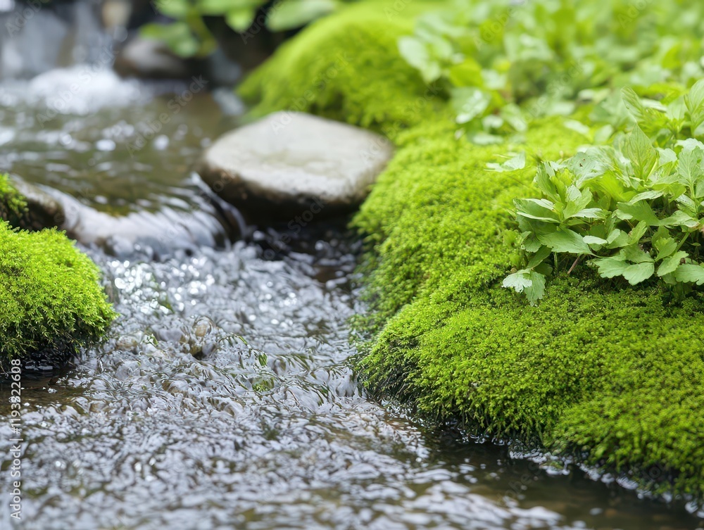 Poster a peaceful forest stream flows gently through moss-covered rocks, creating a refreshing and serene a
