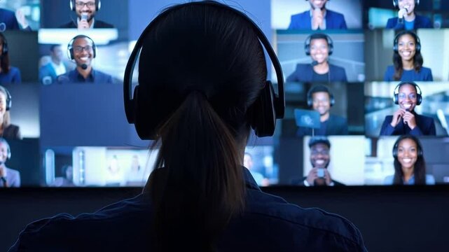 Person engaging in a virtual meeting with diverse participants.