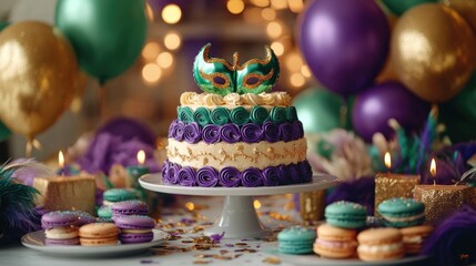Fototapeta premium Vibrant mardi gras cake with mask and festive decorations. Mardi Gras, Fat Tuesday, Carnival Season. Bright Parades, Masks, Festive Costumes, Vibrant Atmosphere