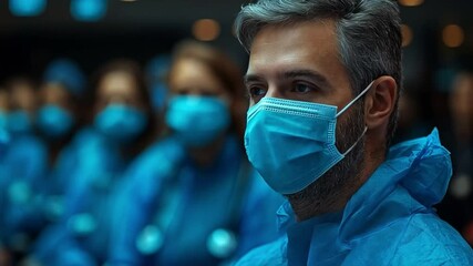 Healthcare workers in protective gear participate in an emergency response training session. The atmosphere is serious as they prepare to tackle challenges posed by an ongoing epidemic.