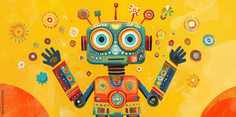 Poster a colorful robot joyfully plays with bright circles