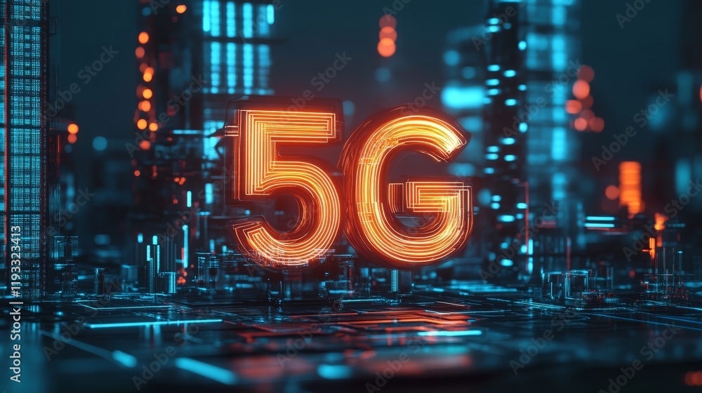 Poster futuristic 5g concept showcasing iot, big data, and ai in a dynamic 3d rendering