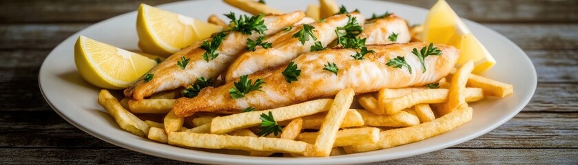 Grilled Fish with Crispy Fries and Lemon on Rustic Wooden Table