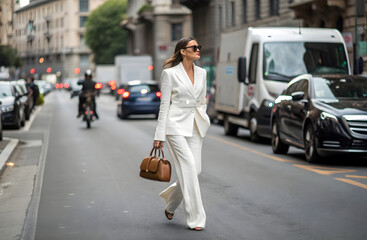 Fototapeta premium Elegant Woman in White Suit Walking Along Busy Urban Street