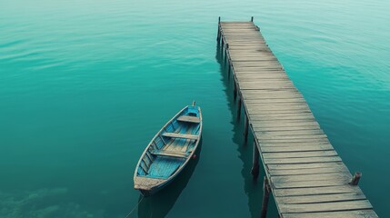 Naklejka premium Peaceful Wooden Dock and Colorful Boat on Calm Blue Water