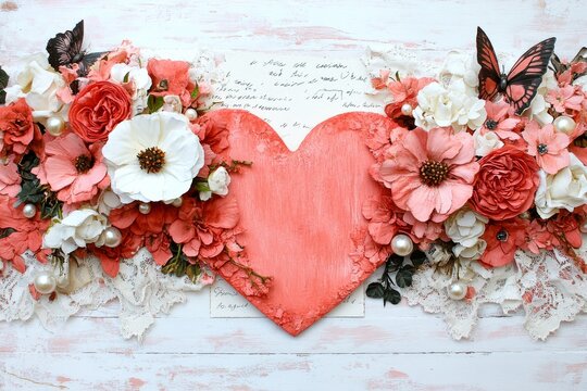 Vintage heart-shaped postcard surrounded by flowers and butterflies. Generative AI