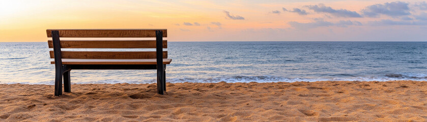 A serene beach view with a wooden bench overlooking the tranquil ocean at sunset.
