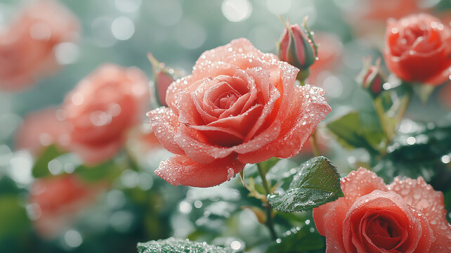 Beautiful pink roses with dew drops glistening in sunlight