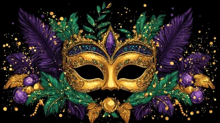 Ornate gold and purple mask with green and purple feathers on black background. Mardi Gras, Fat Tuesday, Carnival Season. Bright Parades, Masks, Festive Costumes, Vibrant Atmosphere