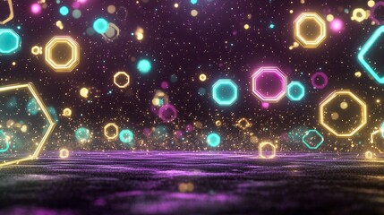 Obraz premium An abstract starfield of glowing hexagonal and circular elements in neon violet