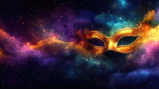 Golden masquerade mask amidst vibrant cosmic nebula backdrop. Mardi Gras, Fat Tuesday, Carnival Season. Bright Parades, Masks, Festive Costumes, Vibrant Atmosphere