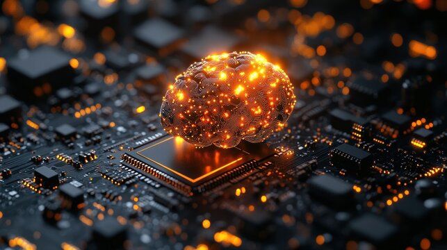 Glowing brain on circuit board; AI, tech, future
