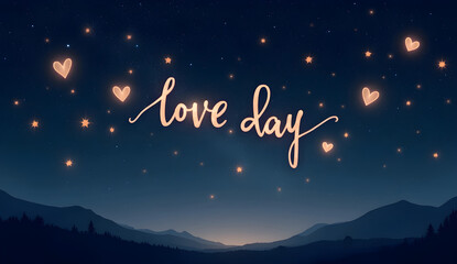 Glowing love hearts drifting above moonlit mountain peaks, illuminating starry night with romantic Valentine's ambiance, symbolizing affection and passion