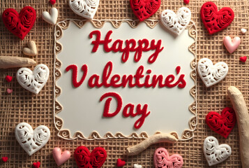 Crocheted red and white hearts nestling beside wooden elements on handmade Valentine's card, resting over textured burlap surface with romantic warmth
