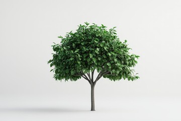 A vibrant green tree with lush foliage against a plain background.
