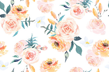 Seamless pattern of rose, blooming flowers painted in watercolor on white background.For fabric luxurious and wallpaper, vintage style.Hand drawn botanical floral colorful pattern.