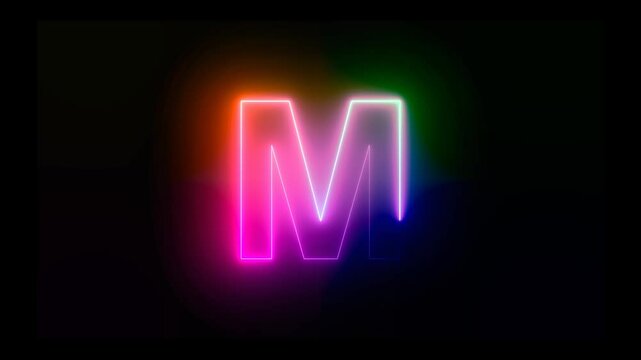 Letter M with an abstract, colorful neon effect and motion animation in 4K video footage.