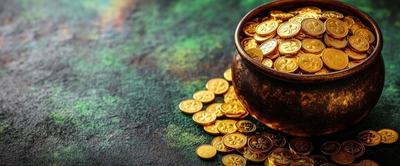 Pot of gold coins on dark textured surface symbolizing wealth and fortune. Saint Patrick's Day, St Paddy's Day, St Patty's Day - Irish National Holiday and Cultural Celebration