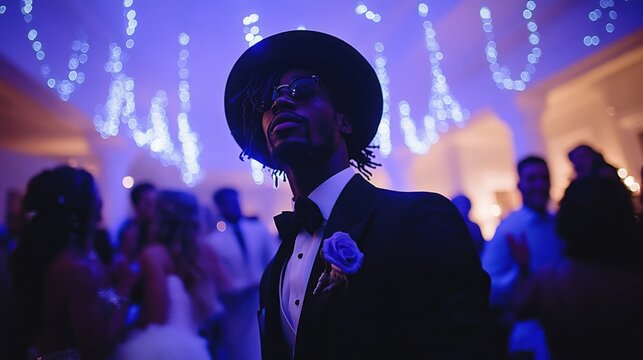 African young man in formal attire at elegant party with blue lighting