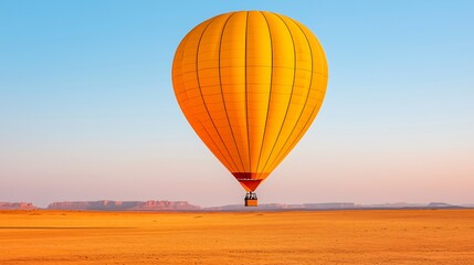 Obraz premium A vibrant yellow hot air balloon floats serenely over a vast, sun-kissed desert landscape under a clear sky.
