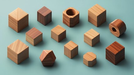 Isometric wooden cubes in various 3D shapes for educational and fun activities