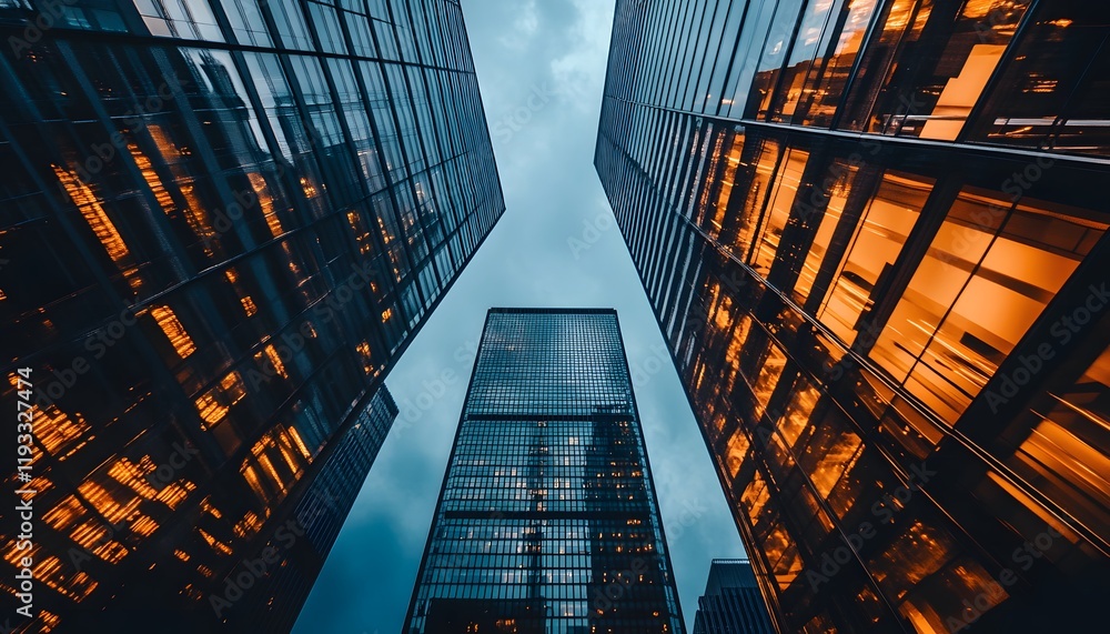 Poster Stunning View of Skyscrapers from Below with Dramatic Reflections and Atmospheric Sky in the Background, Captured in a Dynamic Urban Setting