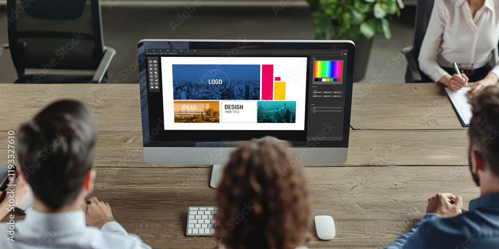 Poster graphic designer software for modern design of web page and commercial brisk ads showing on the comp