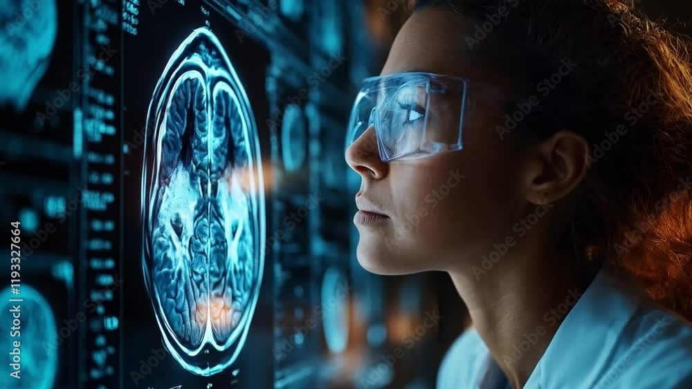 Poster a female medical professional studies a detailed holographic brain scan in a laboratory setting. the