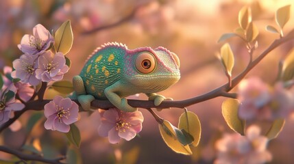 Vibrant chameleon resting on a branch covered in delicate pink spring blossoms surrounded by lush green foliage in a peaceful natural setting
