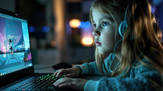 Little girl wearing headphones typing hypnotized on a keyboard sitting next to laptop at night playing