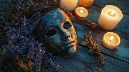 Decorative Mask Surrounded by Candles and Dried Flowers at Night