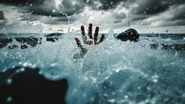 Hand of a person drowning in stormy sea with two boats nearby and grey clouds in the sky