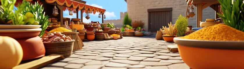 Vibrant Market Scene with Spices and Produce in a Sunlit Courtyard