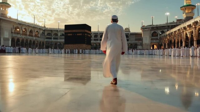 A Pilgrim Walking Towards the Kaaba in the Holy Mosque During Sunset in Mecca, Saudi Arabia