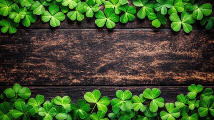Rustic wooden background with fresh green clover leaves border. Saint Patrick's Day, St Paddy's Day, St Patty's Day - Irish National Holiday and Cultural Celebration