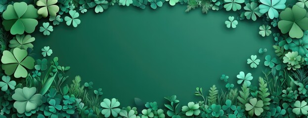 Vibrant green clover leaves border with shamrocks and ferns. Saint Patrick's Day, St Paddy's Day, St Patty's Day - Irish National Holiday and Cultural Celebration
