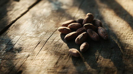 Obraz premium A handful of cocoa beans placed on a rustic wooden surface, with natural light casting soft shadows to accentuate their textures and shapes.