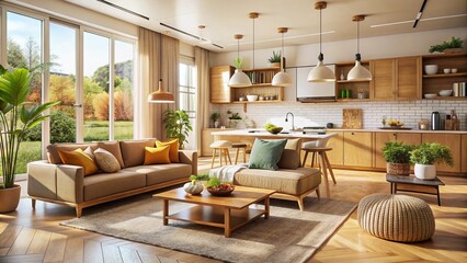 Bright Modern Open Plan Kitchen Living Room Interior Design, Sandy Earthy Tones, Cozy Home