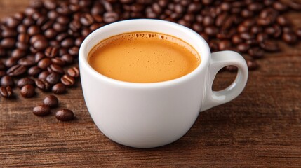 Obraz premium Traditional Espresso in White Cup Surrounded by Coffee Beans, Espresso bean hot coffee cup concept.