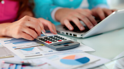 A couple reviewing their finances together at home, with a laptop, documents, and calculator, showcasing teamwork in financial planning.