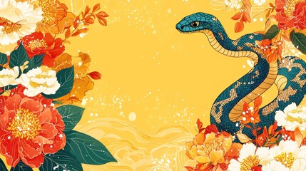 A colorful banner for Chinese New Year 2025 featuring a snake with floral elements, leaving an open spot for text