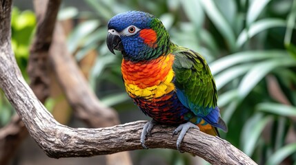 Vibrant Parrot Resting on a Branch Surrounded by Lush Green Foliage in Tropical Paradise