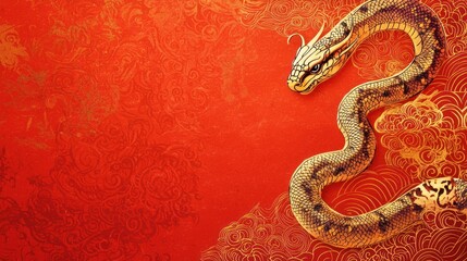 Obraz premium A Chinese New Year 2025 banner with a snake symbol, rich gold accents, and space for adding celebratory messages