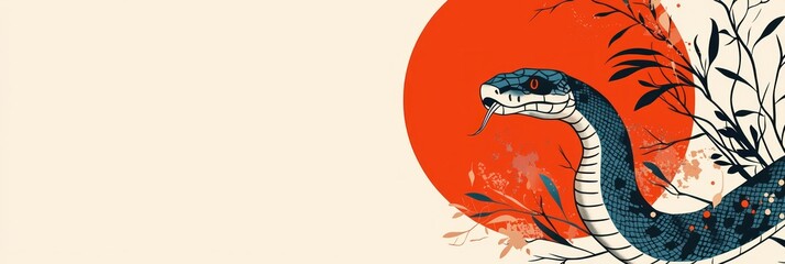 A modern Chinese New Year banner for 2025 featuring a snake illustration in a circular design, with a designated area for custom text