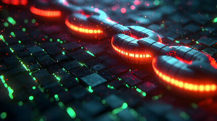 Glowing digital chain link on dark grid background. Futuristic technology concept