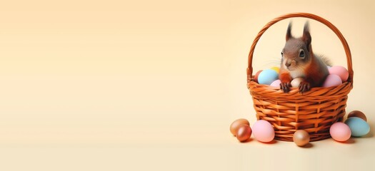 Happy Easter holiday concept with animals - cute easter squirrel sitting in easter basket surrounded by many colorful painted easter eggs, yellow background