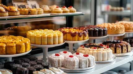 A bakery display featuring a variety of Chinese New Year cakes, including mooncakes and sponge cakes