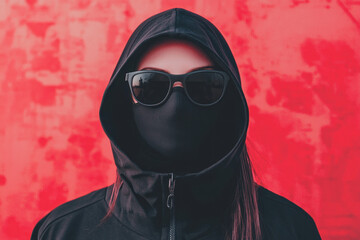 Mysterious person in a black hood and sunglasses against a vibrant red background.
